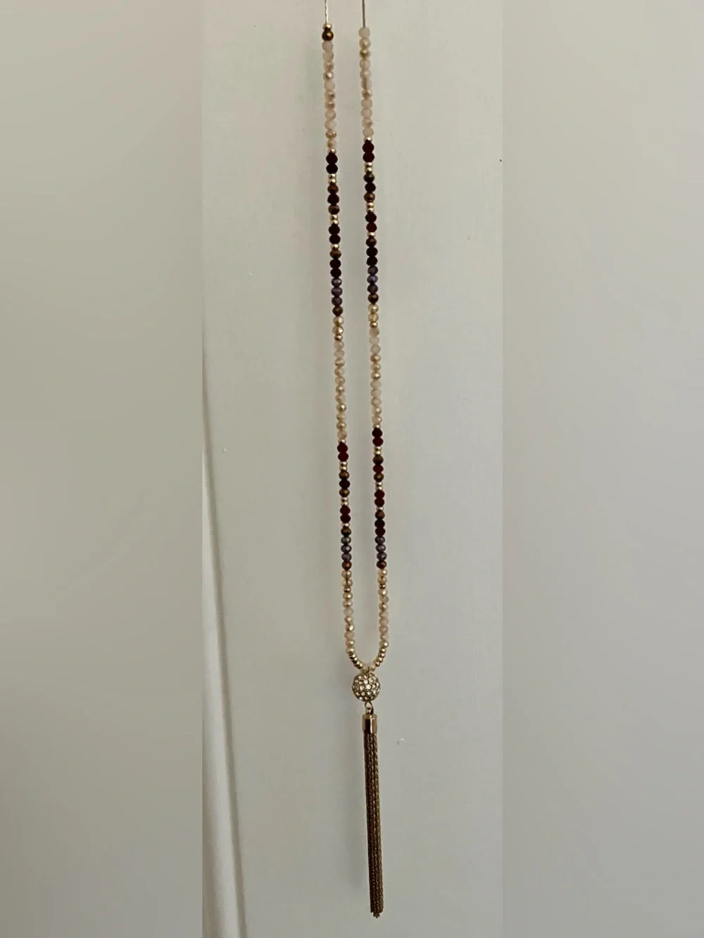 Loft Gold Tassel Beaded Long Necklace w/ Cream, Grey, Gold and Burgundy Beads